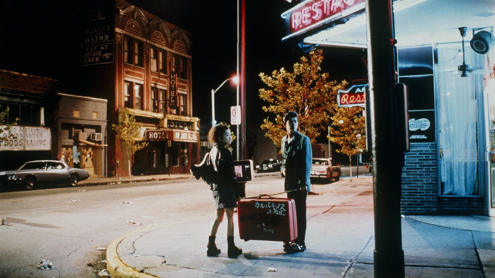 Scene from Mystery Train — Japanese couple on a Memphis street at night