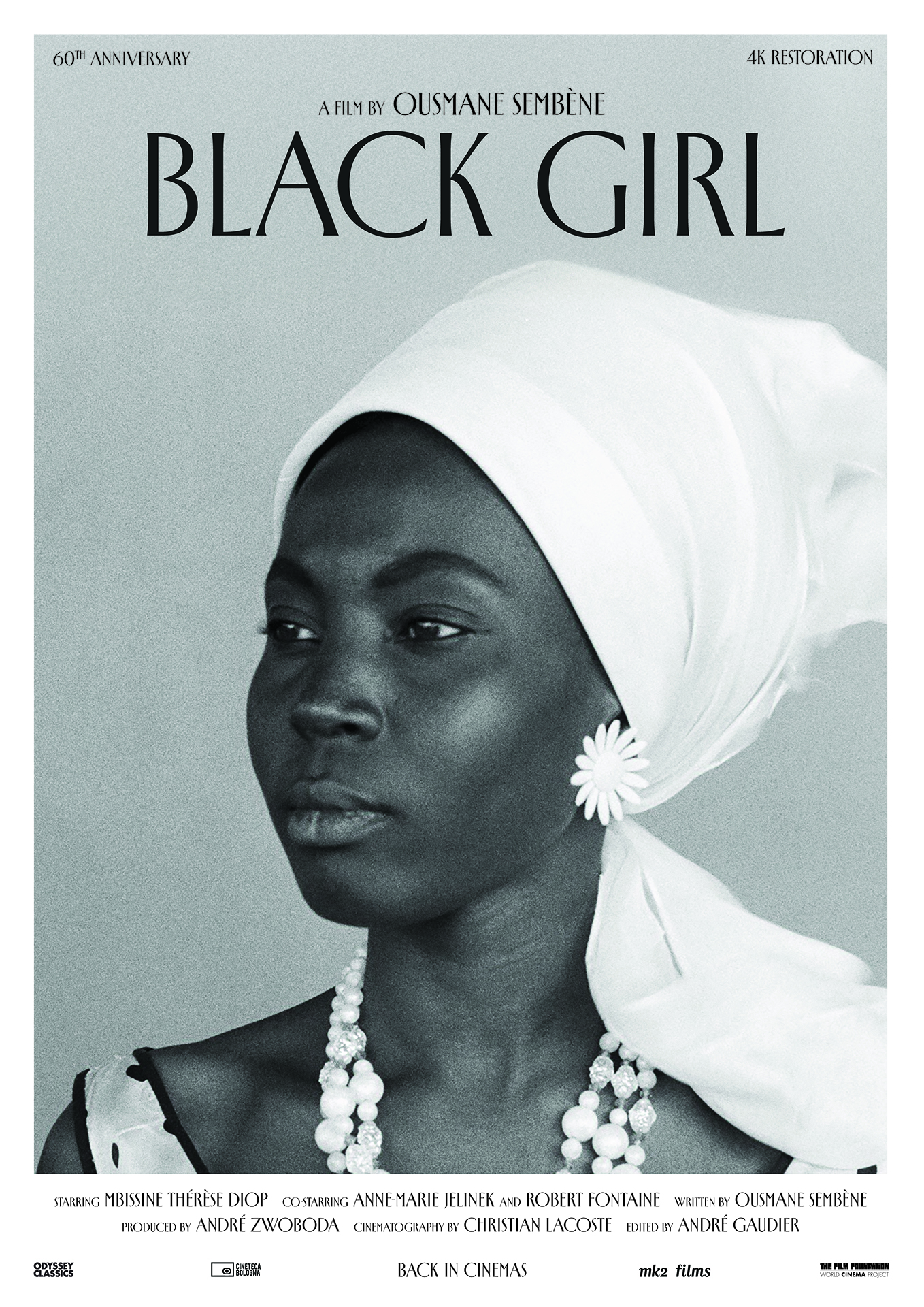 Official poster for Black Girl (La Noire de..., 1966) — 60th anniversary 4K restoration. Portrait of Diouana in a white headscarf against a grey ground. Directed by Ousmane Sembène. Distributed by Odyssey Classics.