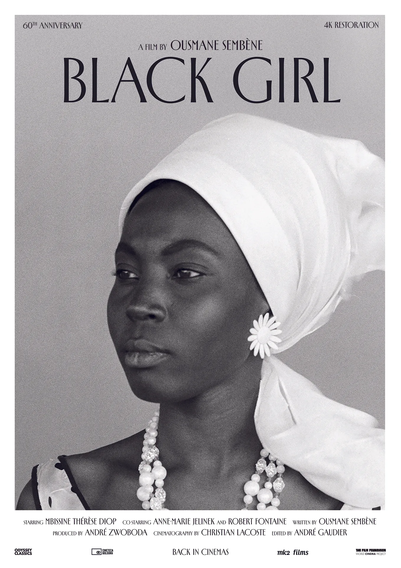 Official poster for Black Girl (La Noire de..., 1966) — 60th anniversary 4K restoration. Portrait of Diouana in a white headscarf against a grey ground. Directed by Ousmane Sembène. Distributed by Odyssey Classics.
