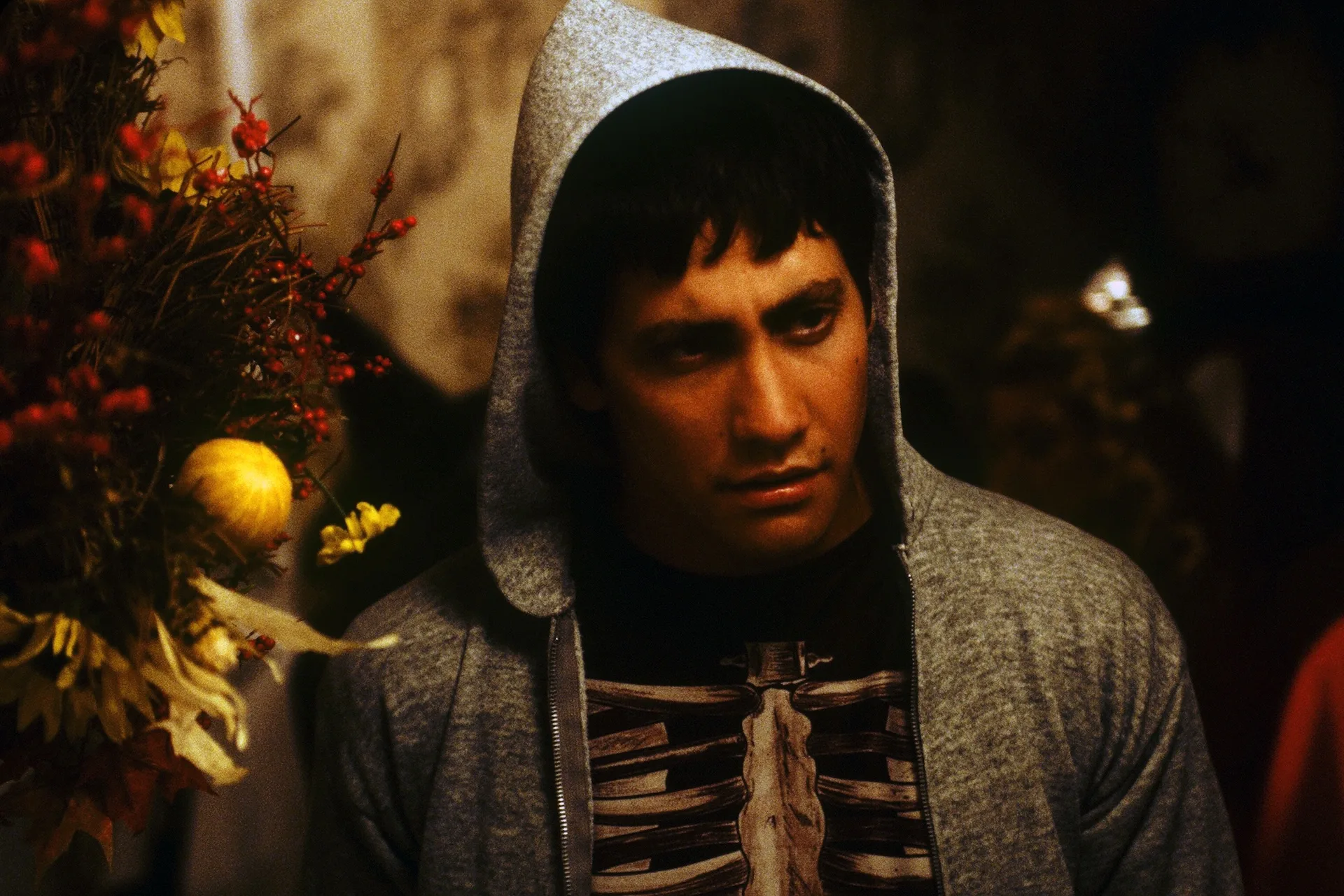 Jake Gyllenhaal as Donnie, in a grey hood and skeleton shirt, stares ahead amid autumn flowers in Donnie Darko (2001)