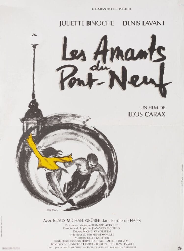 French poster for Les Amants du Pont-Neuf (1991), directed by Leos Carax, with Juliette Binoche’s ink illustration of the lovers inside a circle beneath a Paris lamppost